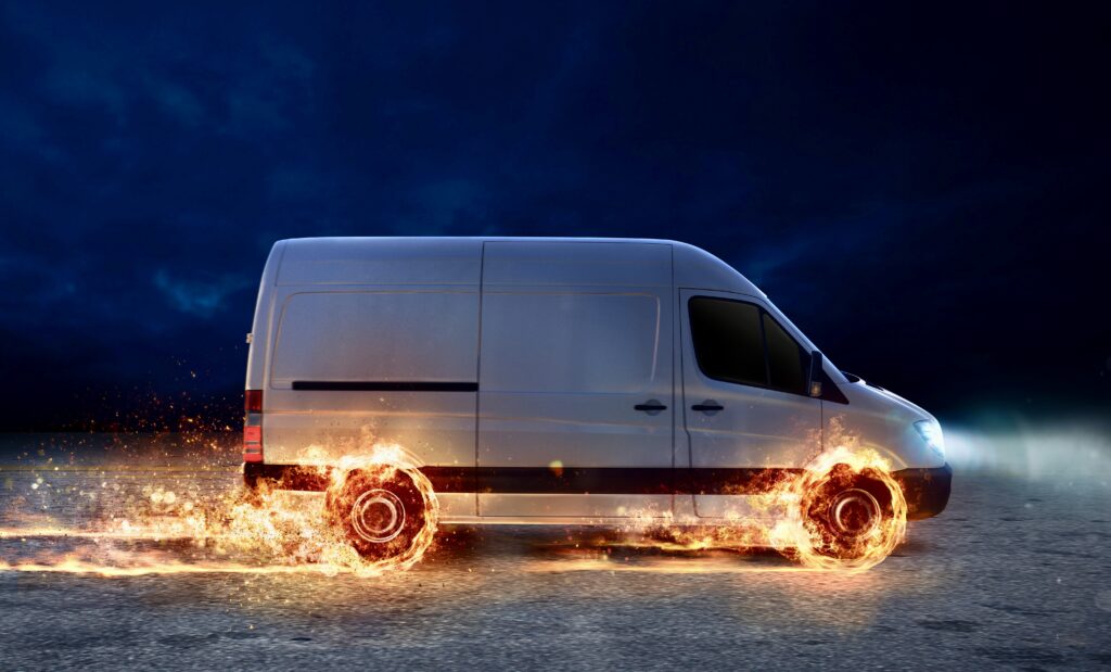 Super fast delivery of package service with van with wheels on fire.3d rendering