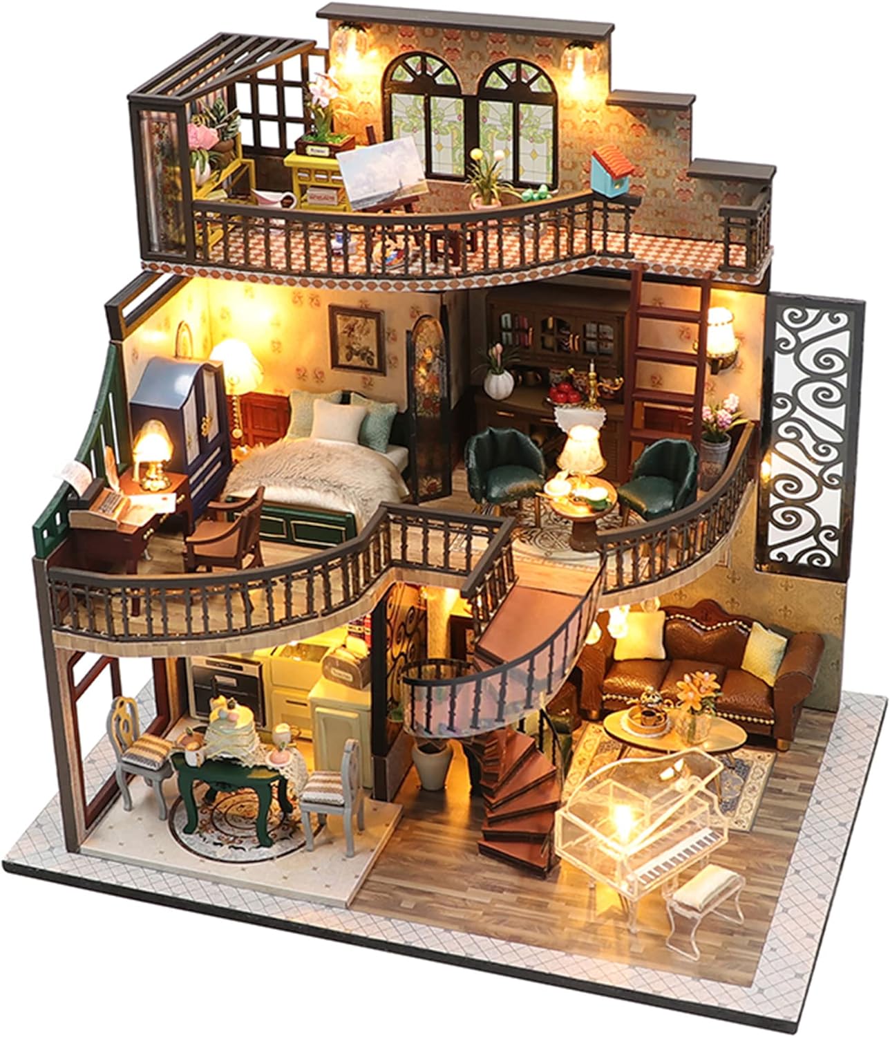 Lannso DIY Dollhouse Miniature Kit, Doll House Kit with Dust Proof Cover and Music Box, Mini Wooden Dollhouse Toys for Adult Gift(M2132)