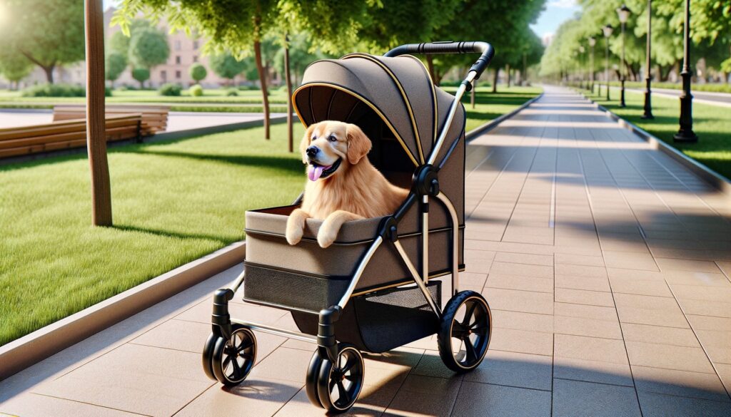 DALL·E 2024-05-10 00.55.48 - A realistic scene of a dog stroller designed for large dogs, with a large dog sitting comfortably inside. The stroller is parked on a wide sidewalk, s