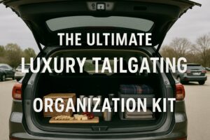 "Open SUV tailgate showing organized tailgating setup with storage containers, cutting board with food, and blankets in parking lot - Ultimate Luxury Tailgating Organization Kit"